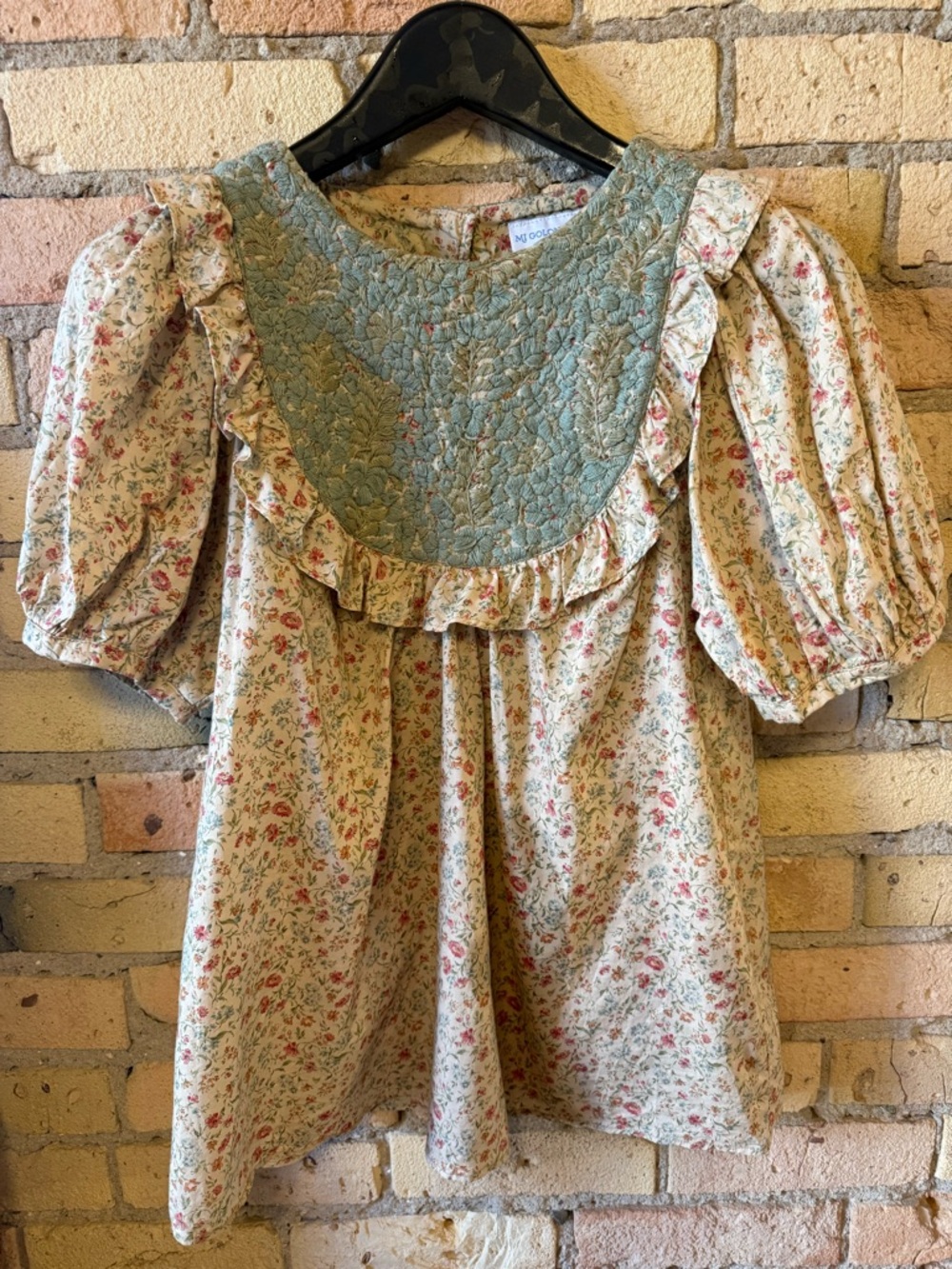 Mi Golondrina Sage Green Embroidered Floral Top with Cream Floral Lining